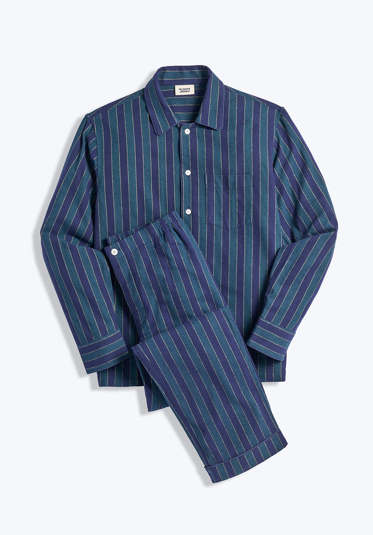 Henry Pajama Set in Green, Navy, and Gold Flannel Stripe